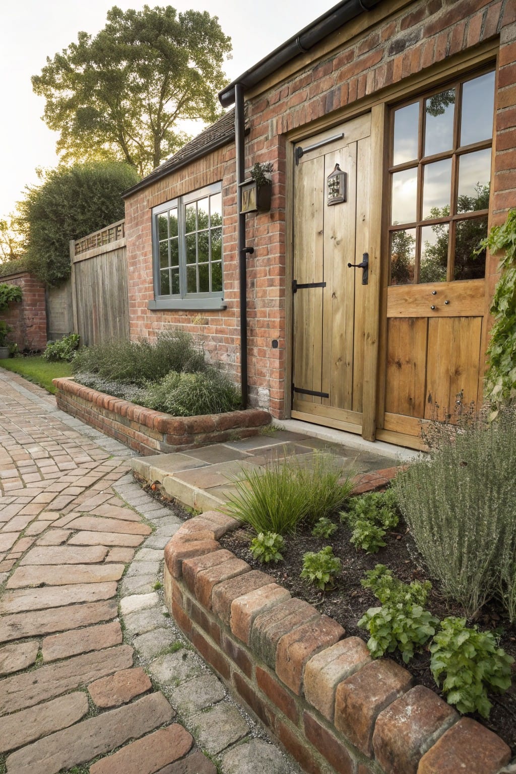 Brick outbuilding with wooden double door and multipane windows, edged by low raised brick garden beds planted with herbs, grasses, and shrubs along a curving brick pathway.