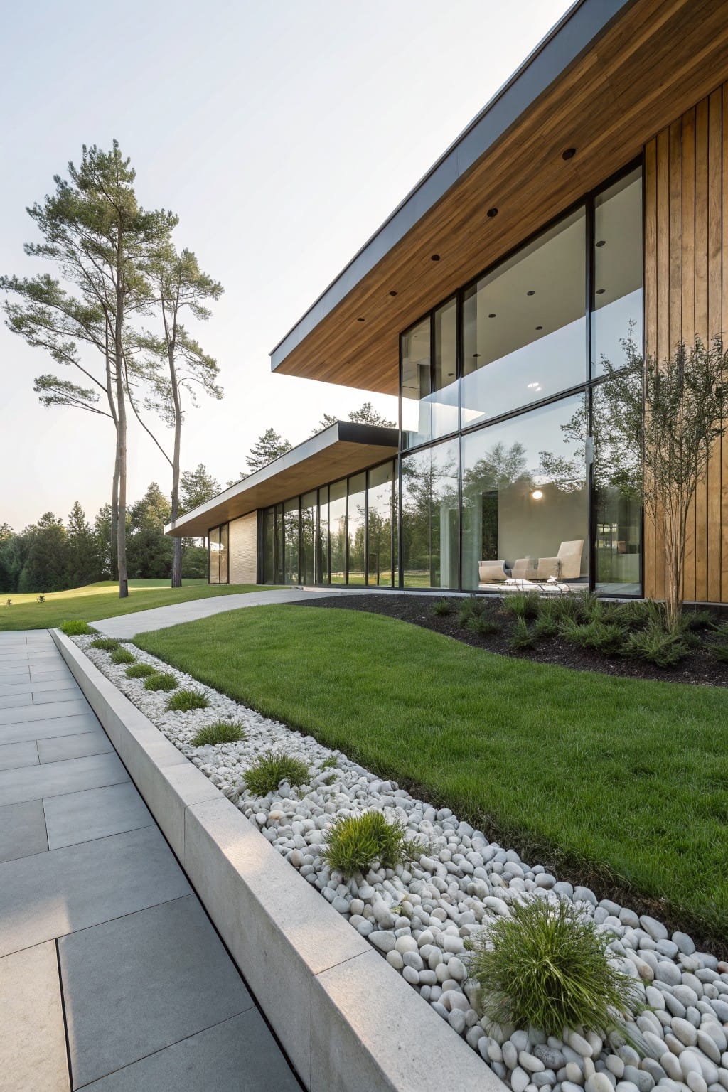 Slate tile pathway bordered by low concrete retaining walls filled with white pebbles and ornamental grasses, adjacent to a green lawn and leading toward a modern house with wooden cladding and large glass windows.