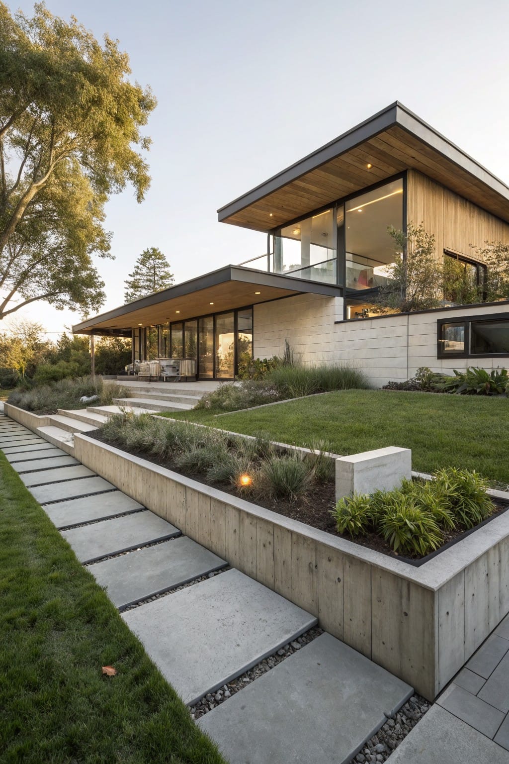 Modern house exterior on a sloped site with tall board-formed concrete retaining walls edging garden beds planted with grasses and low shrubs, next to a pathway of large concrete slabs through green lawn.