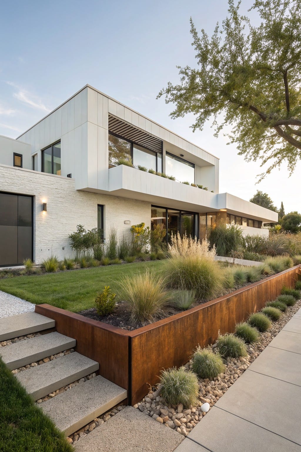Modern white house exterior with corten steel raised garden beds planted with grasses and shrubs along concrete steps and pathway bordered by gravel.