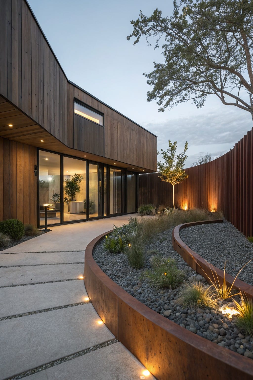 Exterior view of a modern wooden house at dusk featuring curved corten steel garden bed edging filled with gravel and ornamental grasses beside a concrete pathway leading to glass entry doors.