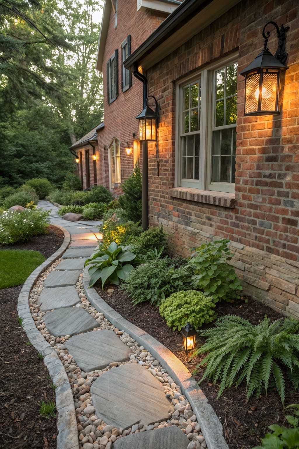 Curved flagstone pathway edged with pebbles and low plants runs alongside a brick house exterior, lit by wall-mounted and ground lanterns amid garden greenery.
