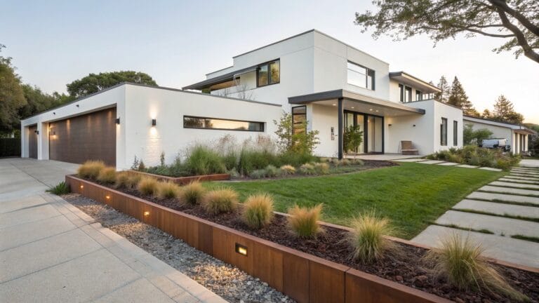 Modern white house exterior with corten steel raised garden beds planted with grasses and shrubs along concrete steps and pathway bordered by gravel.