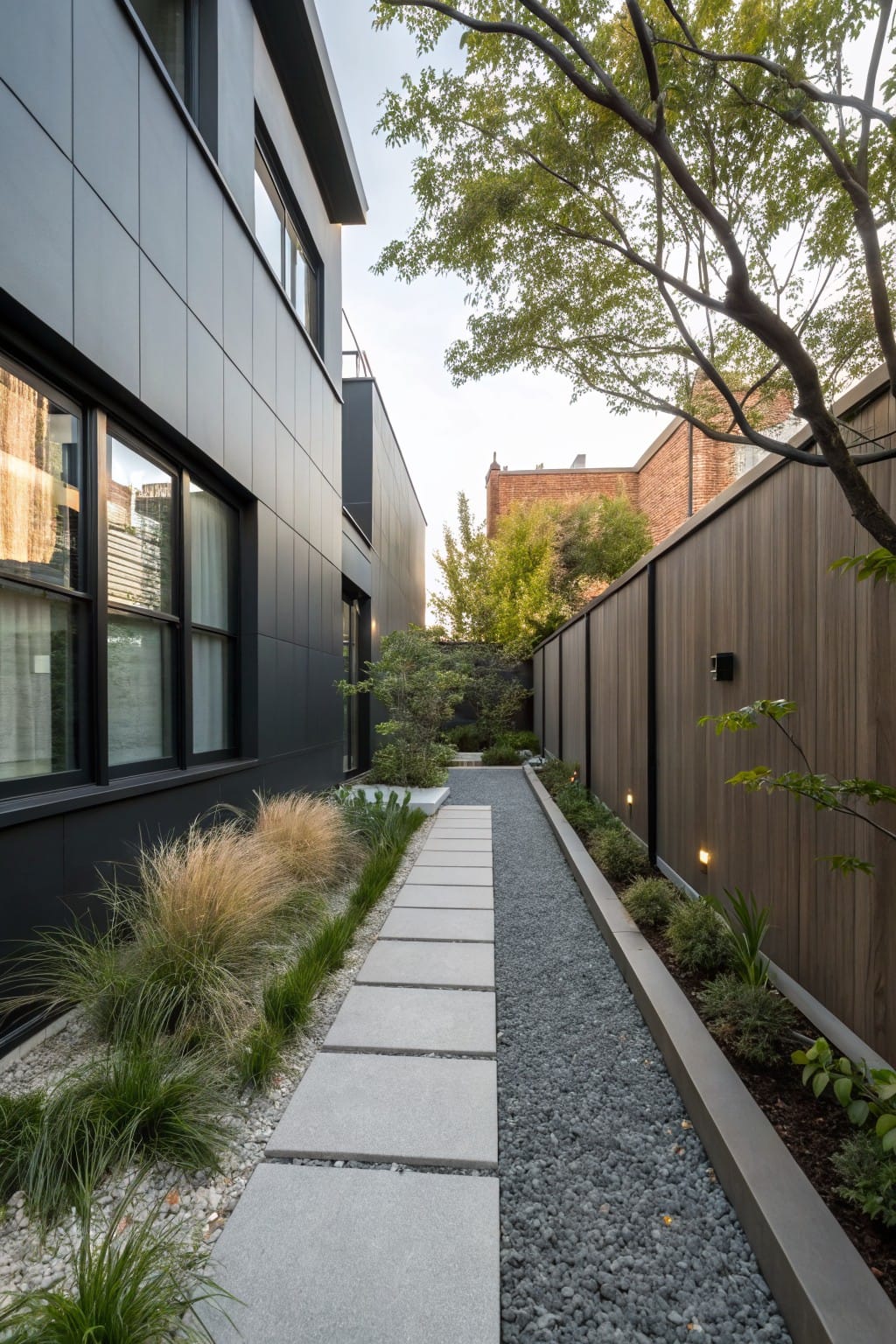 Narrow concrete slab pathway set in gravel beside garden beds planted with ornamental grasses, running along a dark gray house exterior and wooden fence.