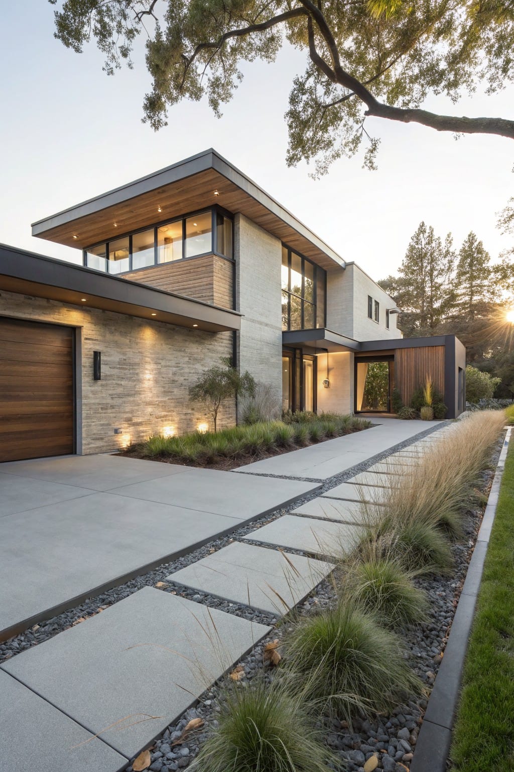 Modern house exterior featuring a concrete driveway with large rectangular pavers inset along one edge, bordered by gravel garden beds planted with tall ornamental grasses and backed by a lawn.
