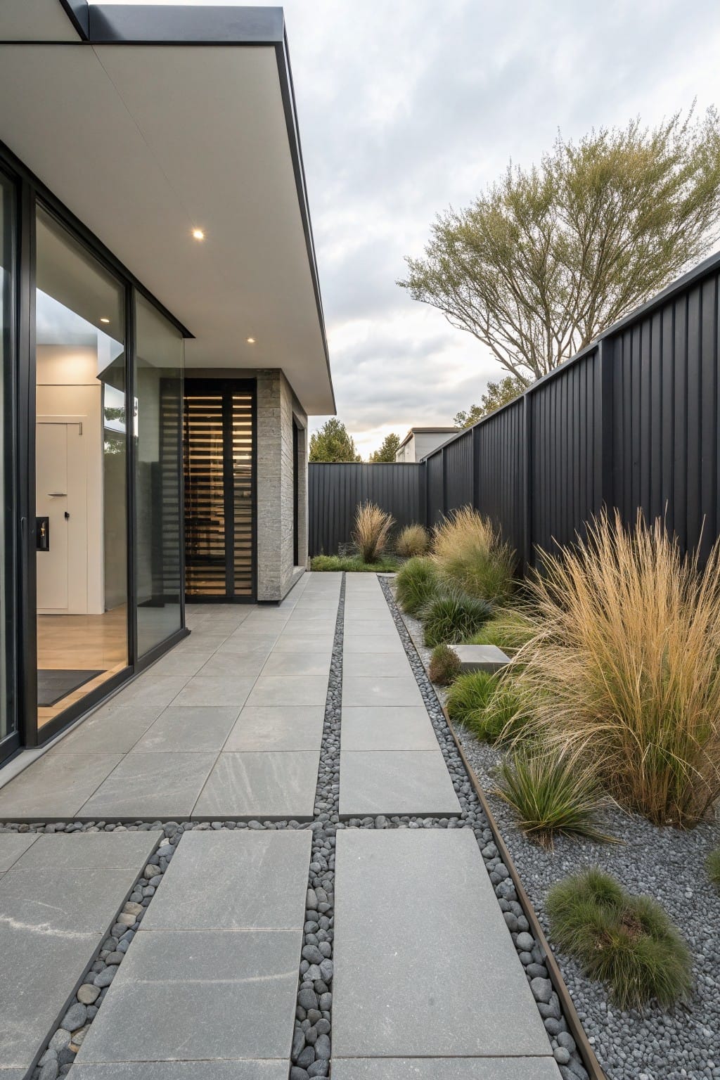 Gray tiled pathway with pebble-filled joints leading from glass house doors, bordered by gravel-mulched garden beds planted with ornamental grasses and edged by black metal strips against a black fence.