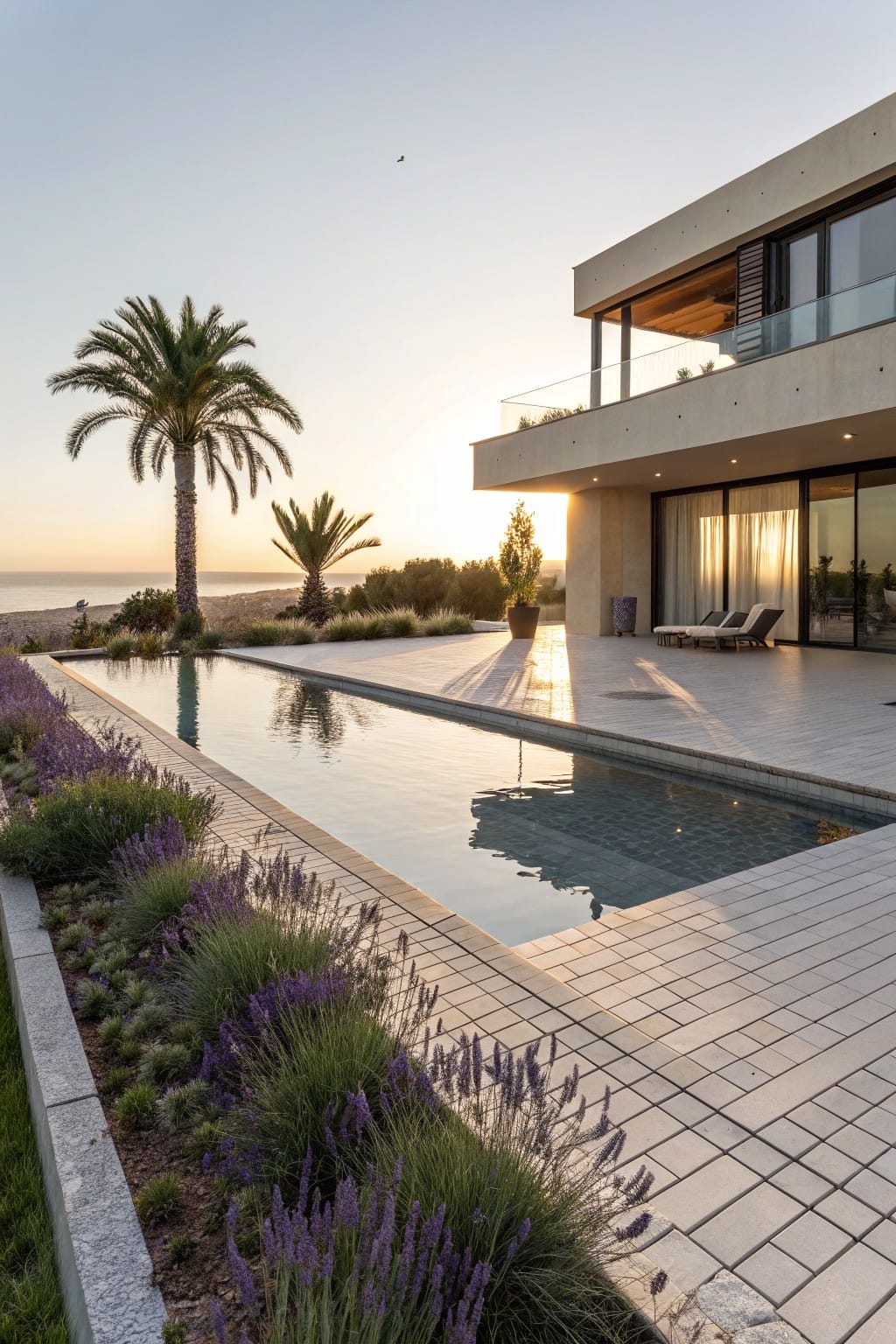 Beige modern house with infinity-edge pool bordered by stone-edged lavender garden bed, palm trees, lounge chairs, and ocean backdrop at sunset.