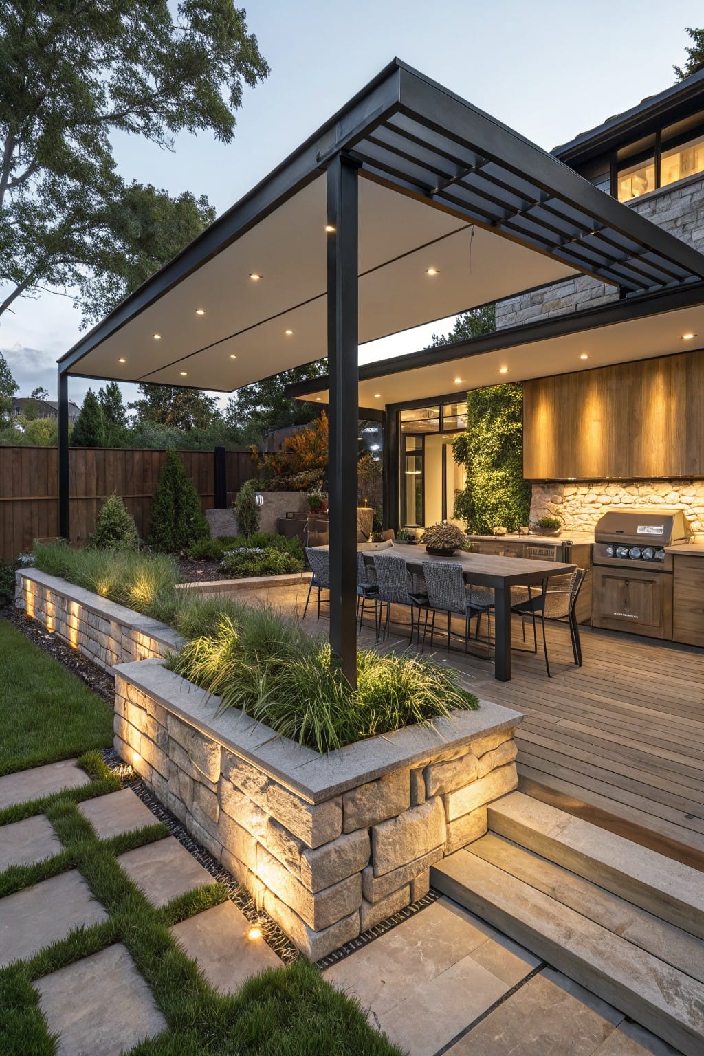 Backyard patio with wooden dining table under black metal pergola with lights, stone retaining wall topped with grasses, adjacent outdoor kitchen with cabinets and grill, deck steps, and lawn.