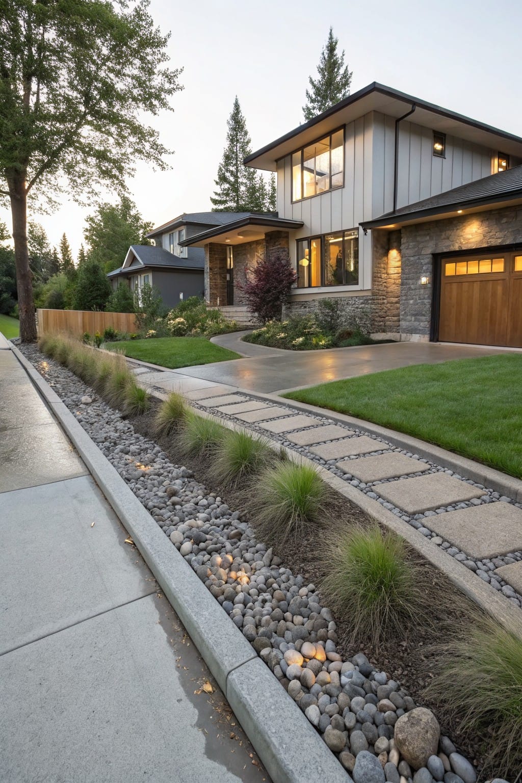 Sidewalk bordering a garden bed filled with river rocks and ornamental grasses, with concrete stepping stones leading across to a driveway and lawn near a modern house.