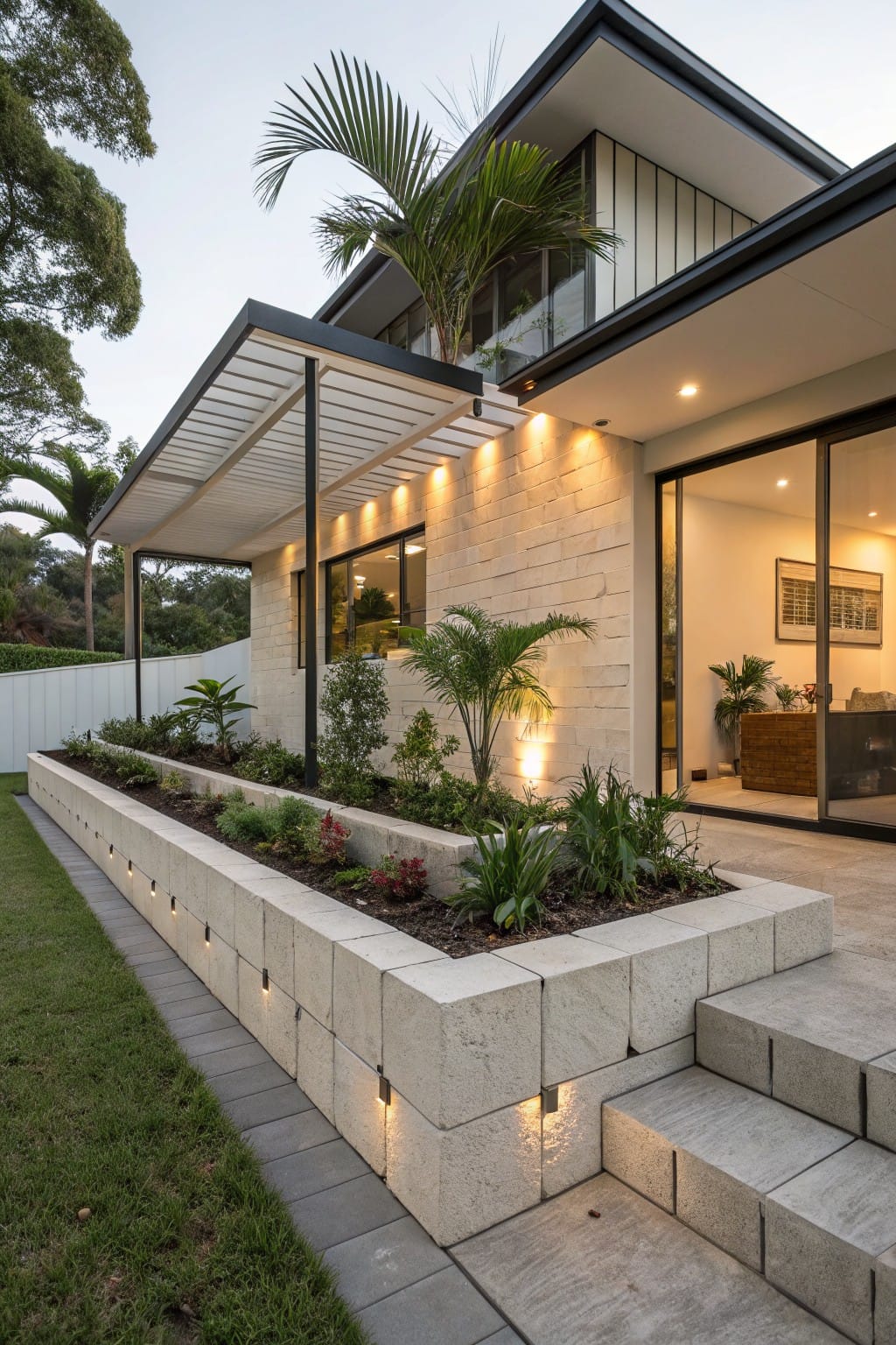 Raised garden beds edged with light-colored stone blocks along a paved pathway next to a modern house exterior with stone walls, sliding patio doors, tropical plants, and integrated low-voltage lighting.