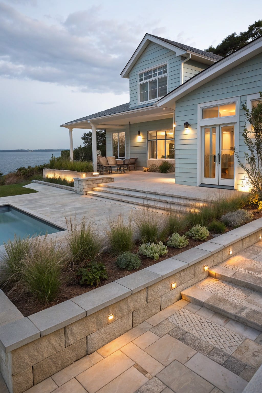 Light blue clapboard house with deck and steps descending to a pool, edged by stone retaining walls planted with ornamental grasses and low shrubs, overlooking a bay at dusk.