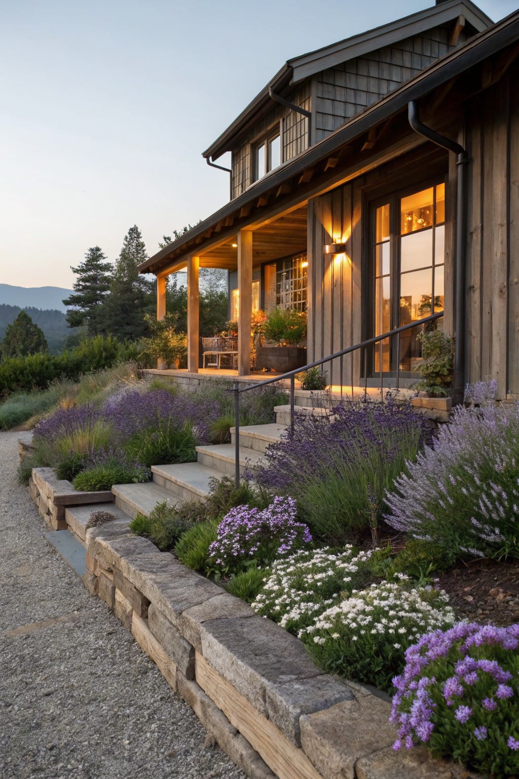 Wooden house exterior at dusk with porch lights on, concrete steps rising from gravel path beside garden beds of lavender and small flowers edged by dry-stacked stone retaining walls topped with timber.