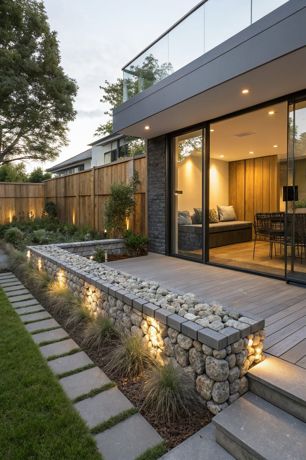 Backyard deck with sliding glass doors adjacent to low stone walls filled with rocks edging garden beds planted with grasses and lit by embedded lights along a paver path.