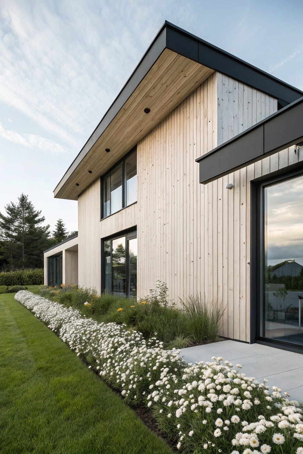 Side view of a modern house with light vertical wood cladding, black trim accents, large windows, and a patio area next to a lawn edged by beds of white flowers, ornamental grasses, and yellow blooms.