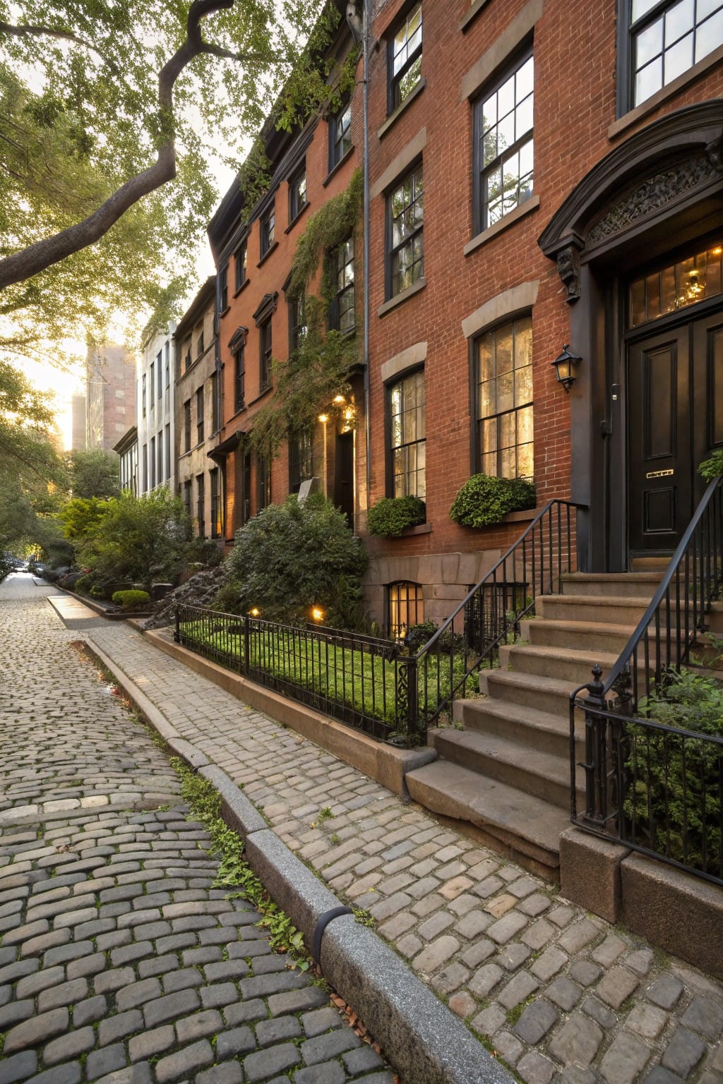 Row of brick townhouses on a tree-lined cobblestone street with garden beds edged by low black wrought iron fences, stone steps to black front doors, and shrubs in the foreground.