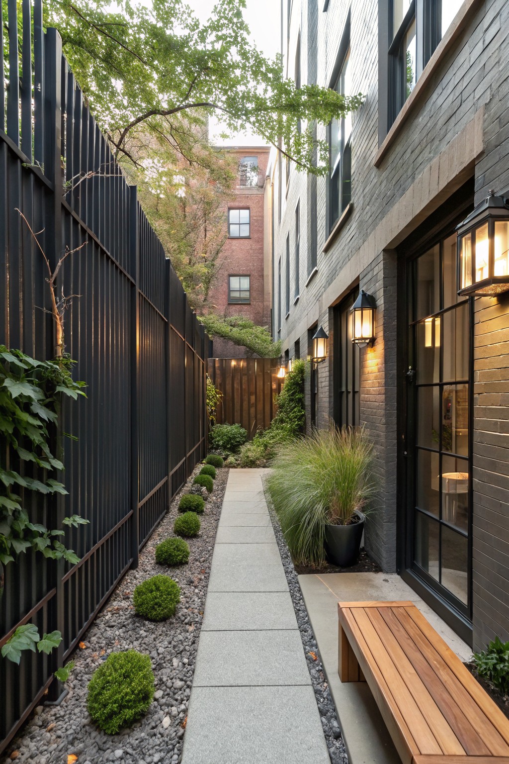 Narrow concrete pathway in a garden alley lined by black vertical-slat metal fence with ivy, boxwood shrubs, ornamental grass, and gravel mulch, leading to modern black-framed glass doors on a brick building with wall lanterns and a wooden bench.
