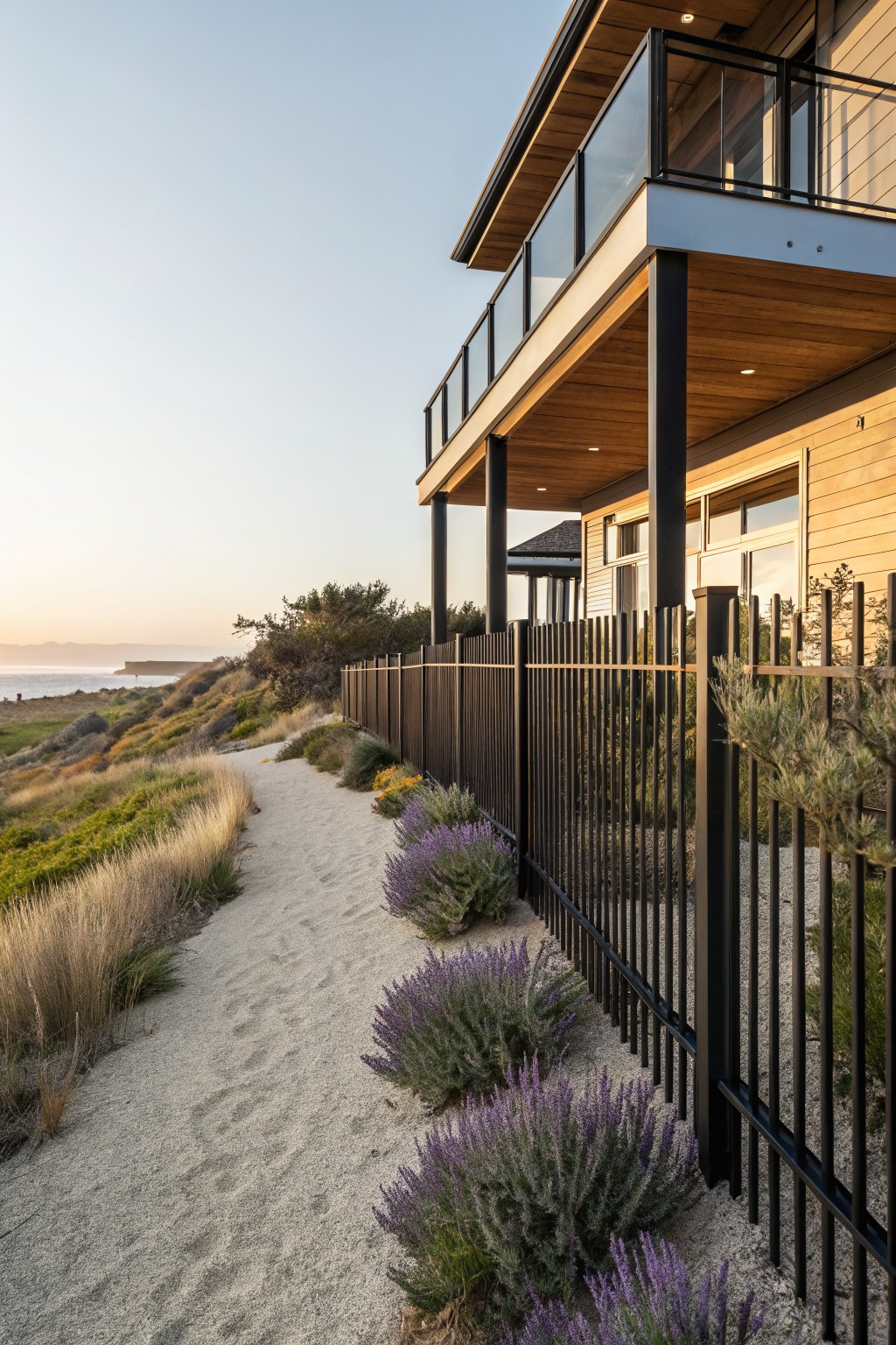 Black metal bar fence borders a sandy path with lavender bushes and grasses beside a modern wooden house on coastal dunes.