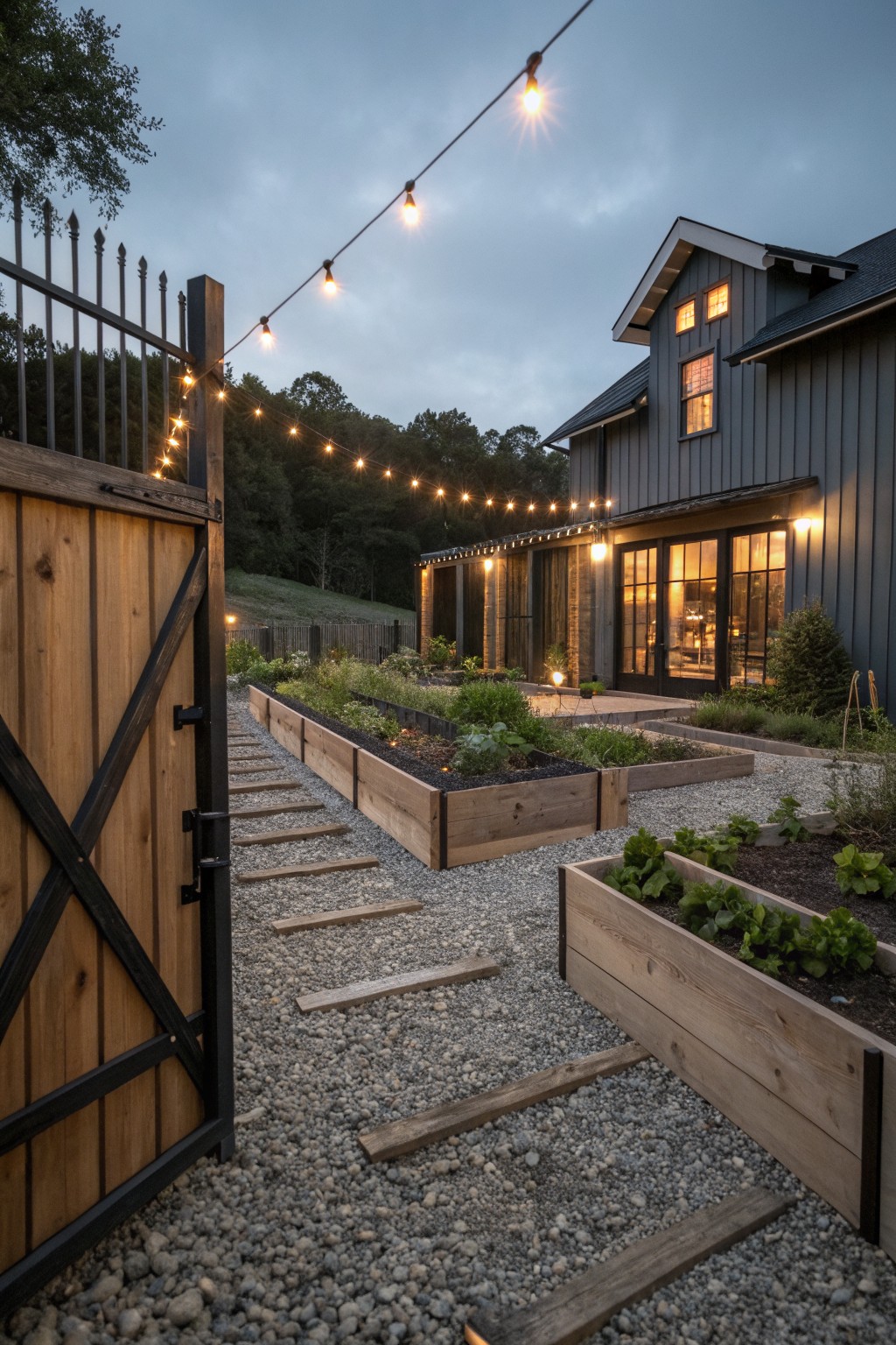 Partially open black metal gate with finials leading into a backyard garden with raised wooden beds, gravel path with stepping stones, string lights overhead, and dark gray house with large windows in the background at dusk.