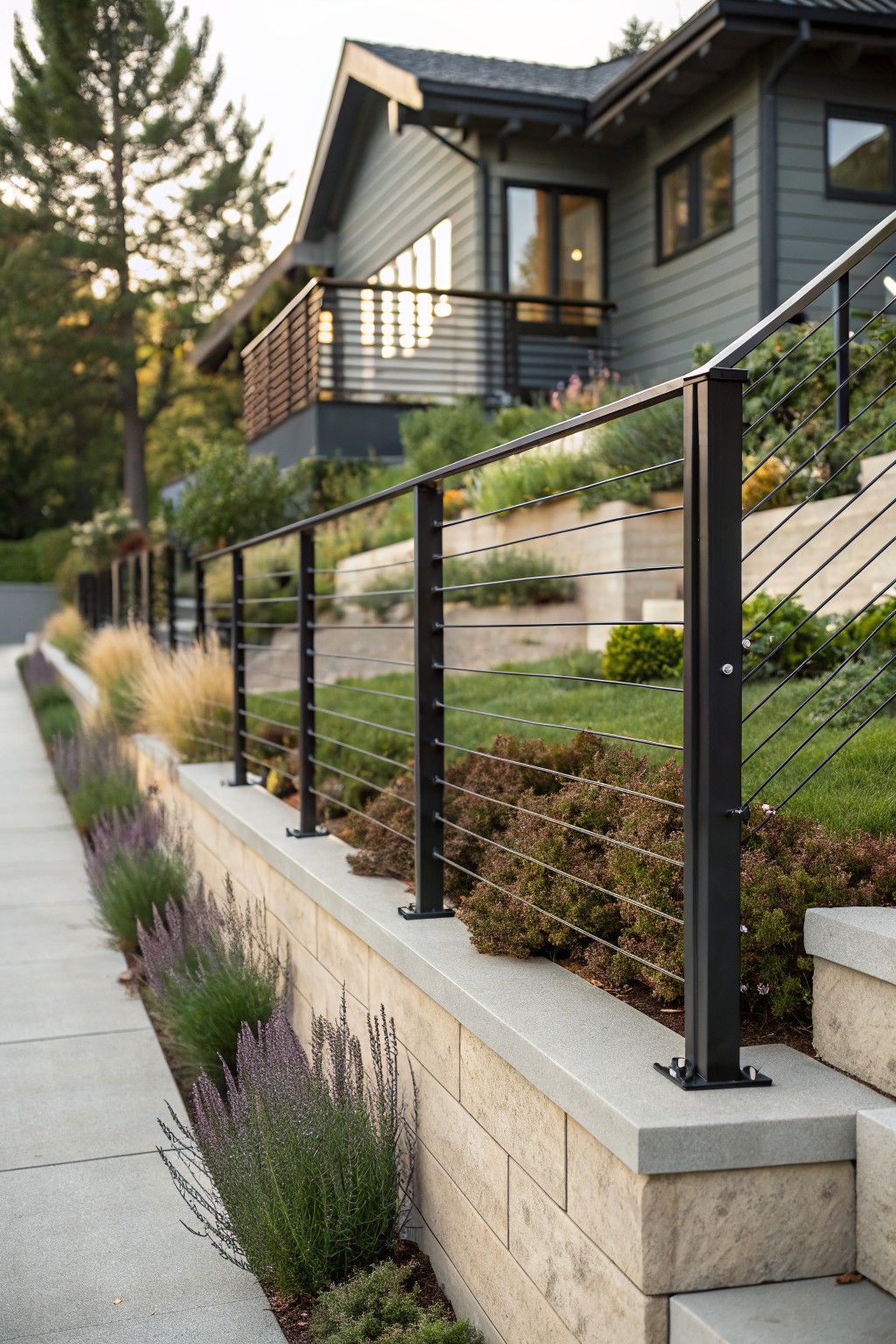 Black horizontal cable railings mounted on beige stone retaining walls alongside a concrete sidewalk and steps, with purple lavender plants, grasses, and shrubs in a sloped garden next to a modern gray house.