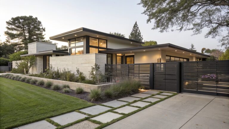 Modern house exterior featuring beige stucco walls, wood cladding, large glass windows, black horizontal slat metal fence and gate, concrete paver pathway lined with lavender plants and ornamental grasses.