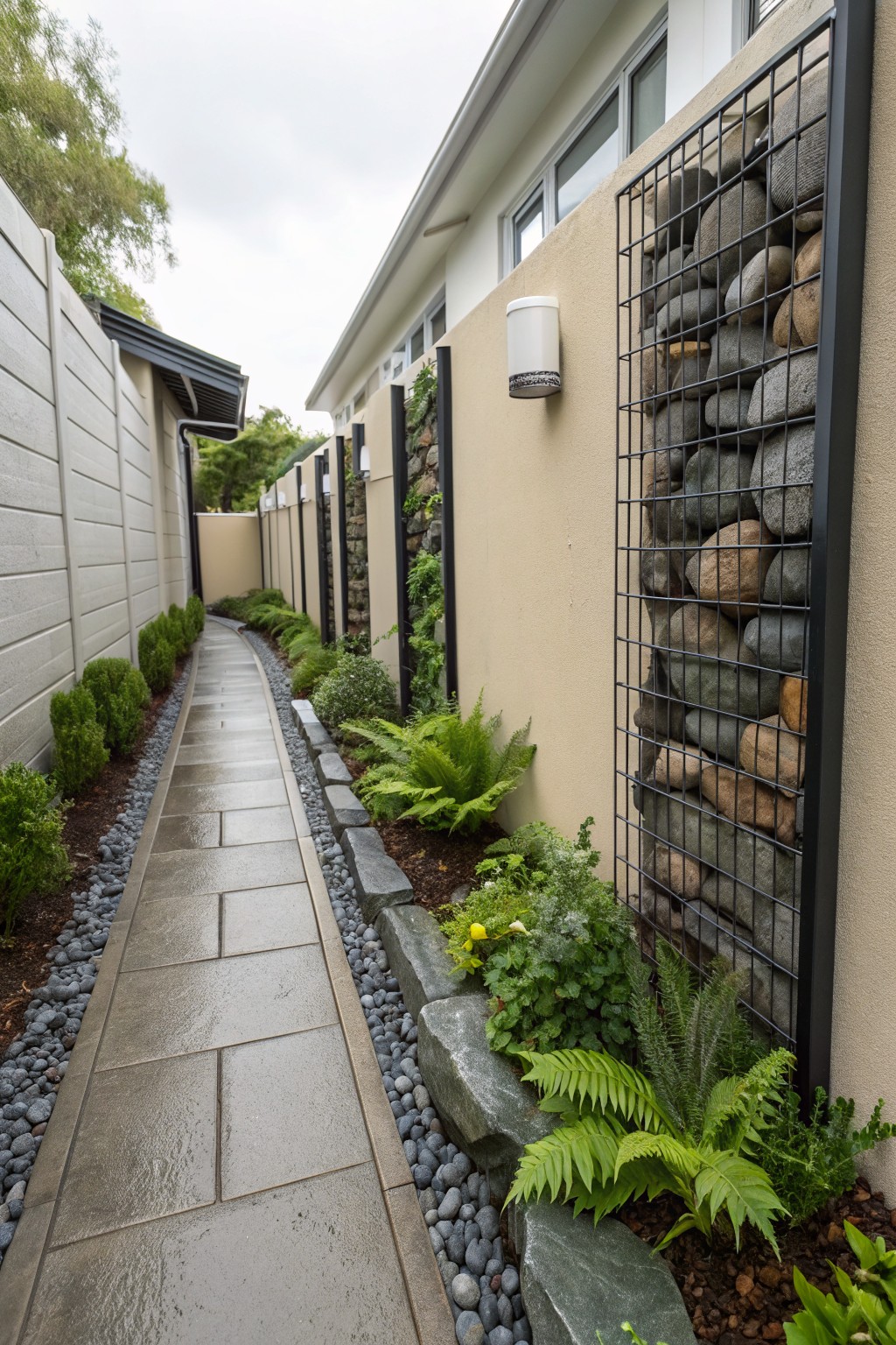 Narrow gray stone pathway edged with gravel and rocks beside a beige house wall featuring tall vertical gabion panels filled with assorted gray and brown rocks, with ferns and shrubs along the borders.