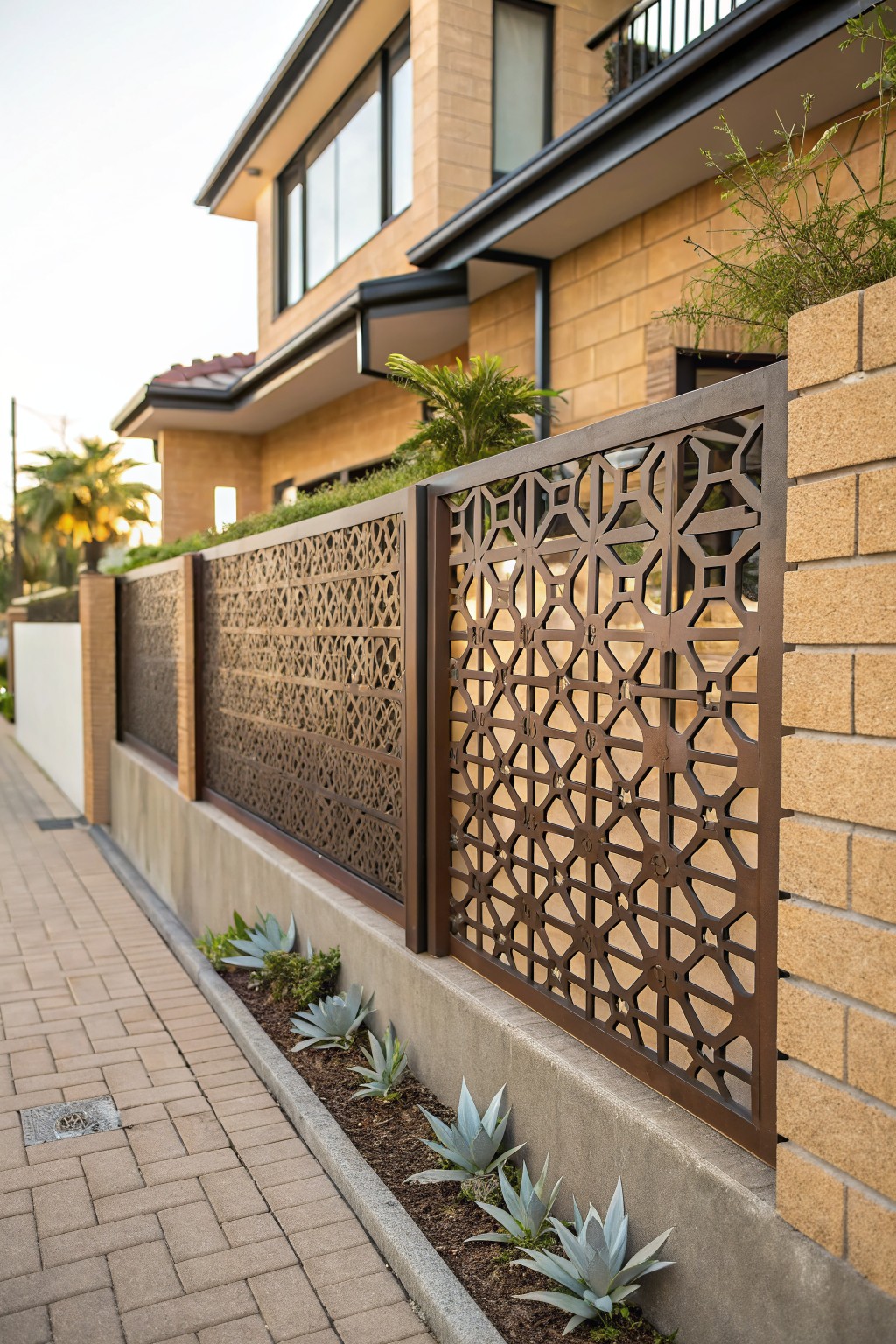 Tan brick house exterior with bronze metal screen fences featuring intricate geometric cutouts mounted on low walls along a paved sidewalk, accented by agave plants and ground cover.
