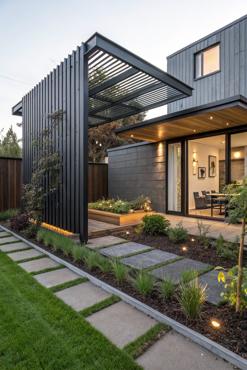 Modern backyard exterior with black vertical slatted metal fence, overhanging slatted pergola, gray stone wall, concrete paver pathway through landscaped garden, and glass doors to indoor dining area.