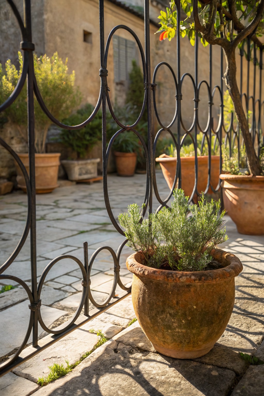 Black wrought iron fence with oval-shaped bars in front of a beige stone wall, terracotta pots with plants placed along the base on a cobblestone ground.
