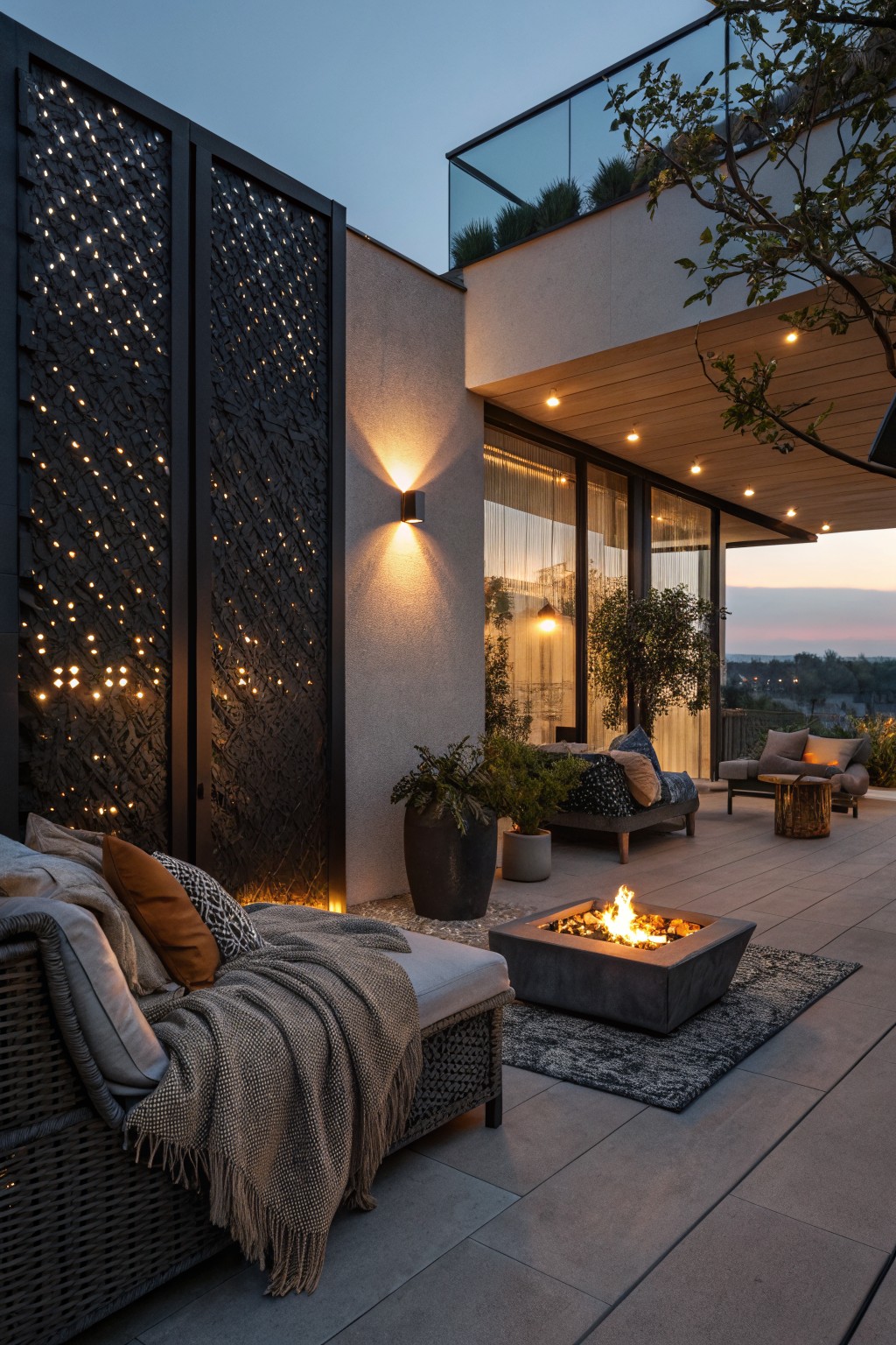 Modern rooftop terrace at dusk with tall black perforated metal screens lit from behind, a square concrete fire pit, woven lounge chairs with cushions and blankets, potted plants, and glass balcony railing.