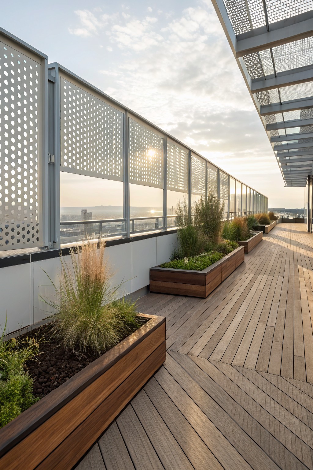 Rooftop terrace featuring wooden decking, rectangular wooden planters with ornamental grasses, and tall perforated metal screens along the edge with a city view and sunset in the background.
