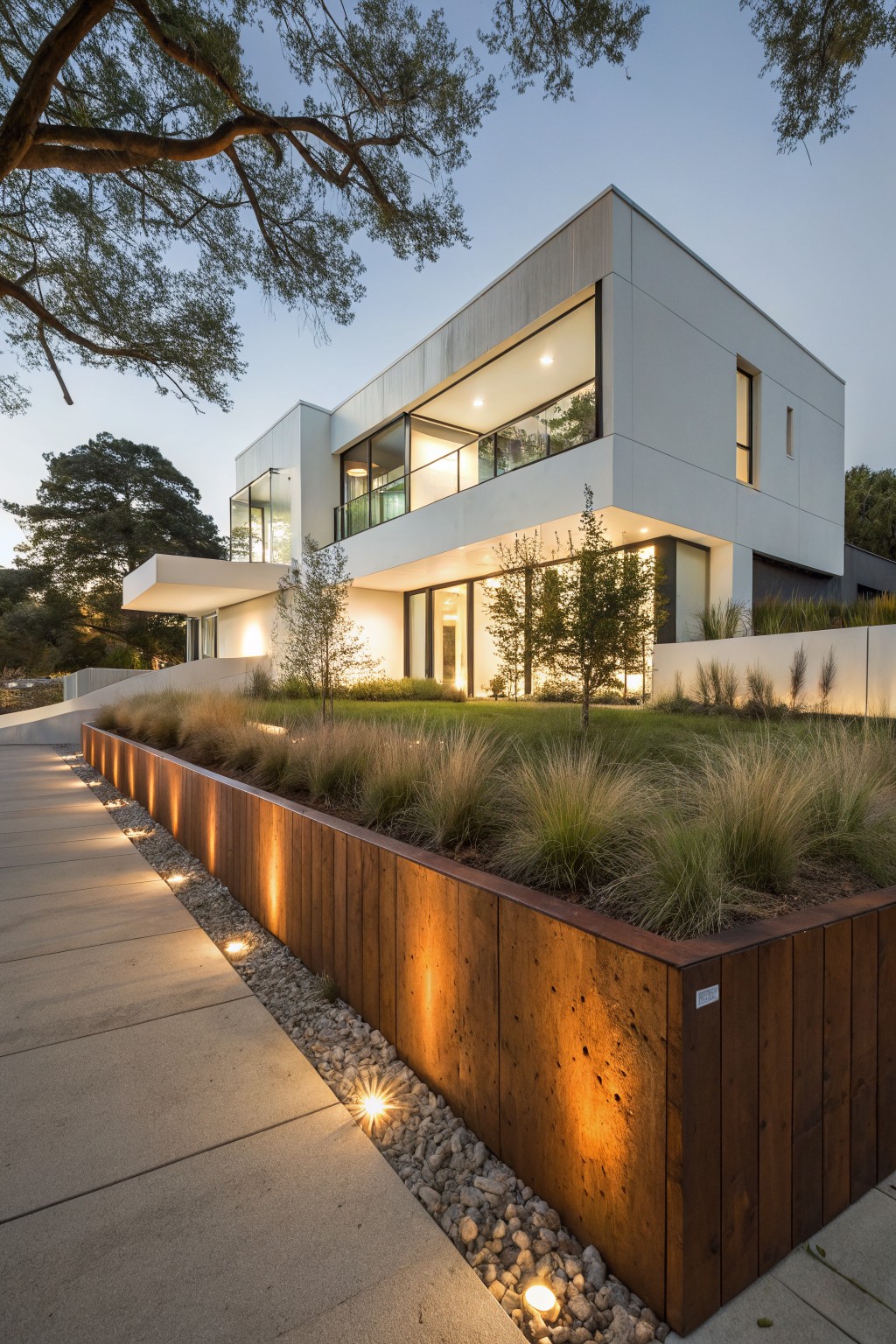 Modern white house at dusk with large glass windows and wooden cantilevered section, concrete pathway bordered by illuminated wooden raised planters filled with tall grasses, gravel strip, and trees nearby.