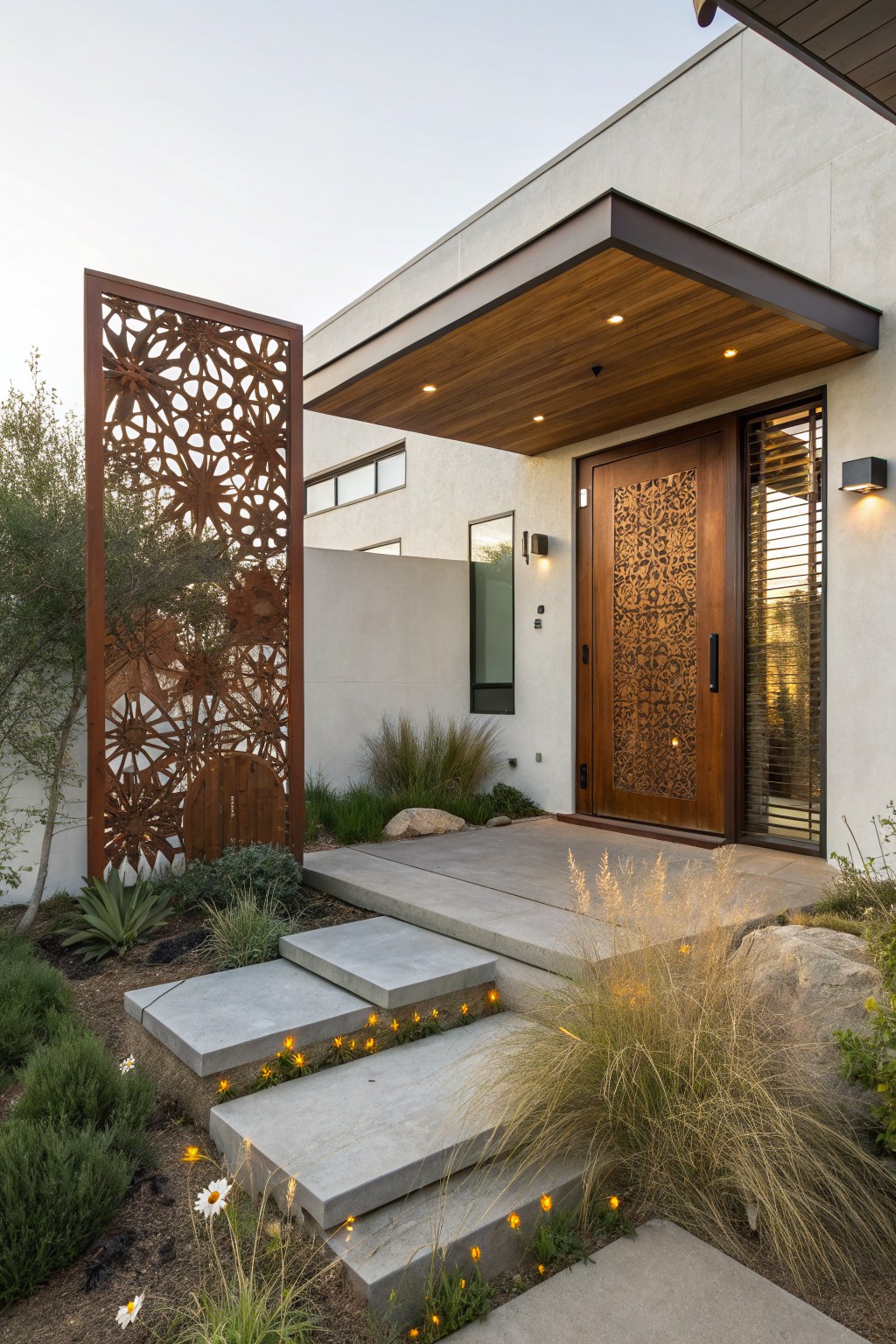 Tall rusted metal screen with intricate floral cutouts stands beside a modern stucco house entrance with carved wooden door, lit concrete steps, and drought-tolerant plants including grasses and agave.