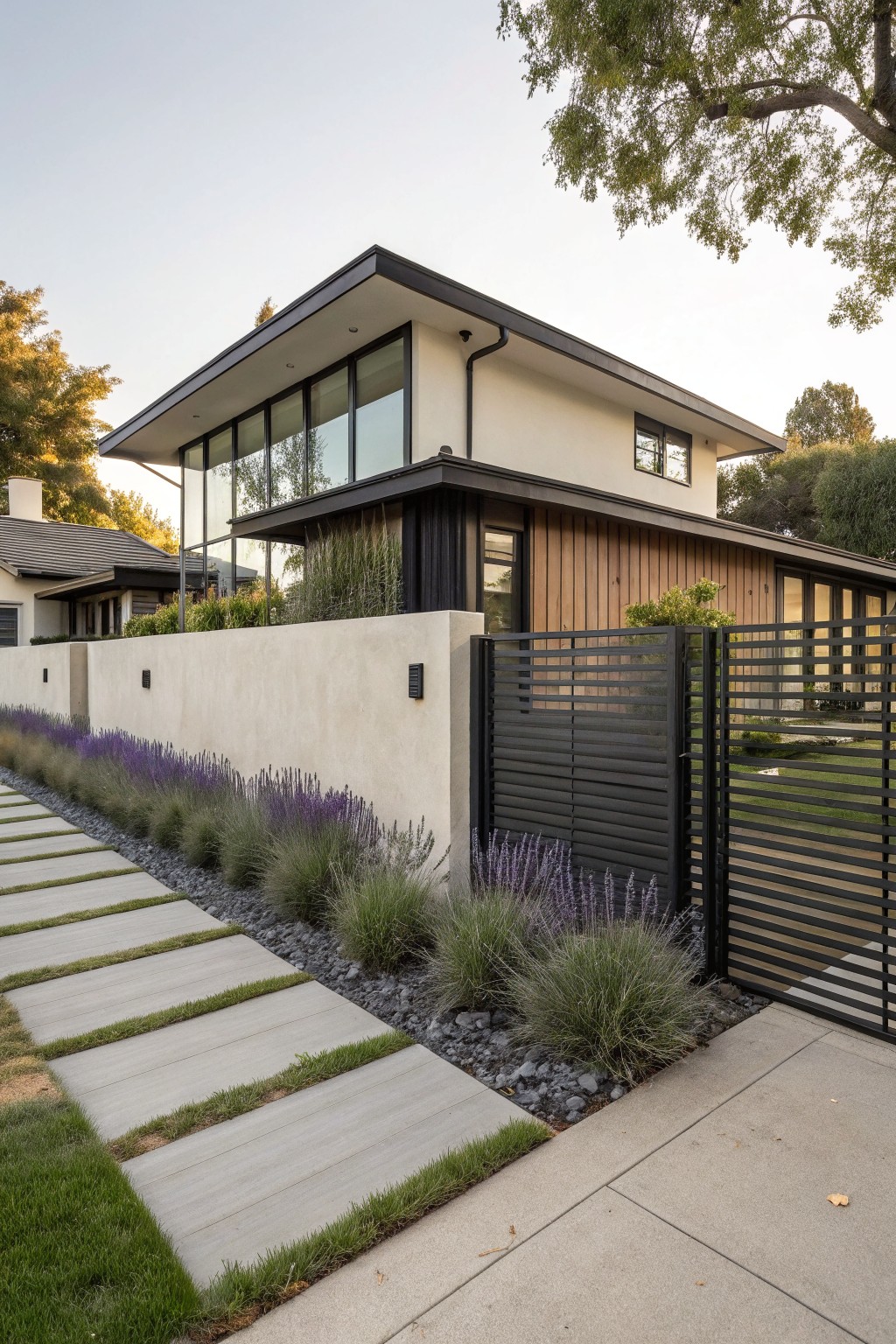 Modern house exterior featuring beige stucco walls, wood cladding, large glass windows, black horizontal slat metal fence and gate, concrete paver pathway lined with lavender plants and ornamental grasses.
