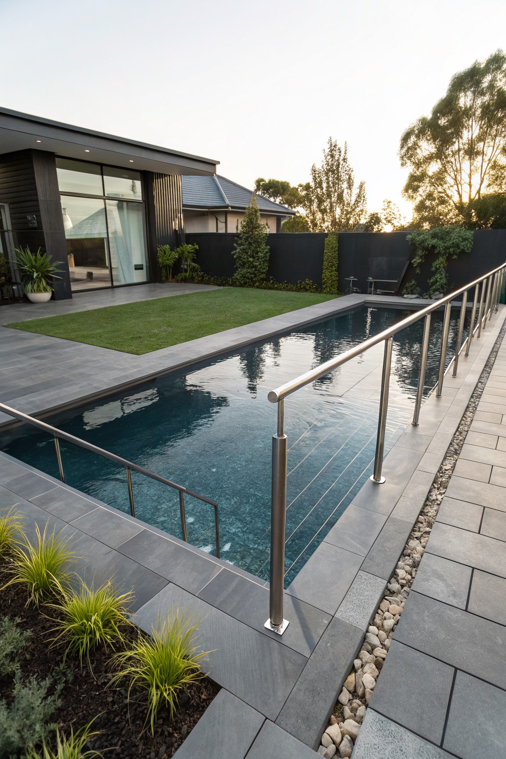 Backyard swimming pool with stainless steel railings on glass panels, surrounded by dark gray pavers, artificial grass lawn, ornamental grasses, and a modern house with large windows.