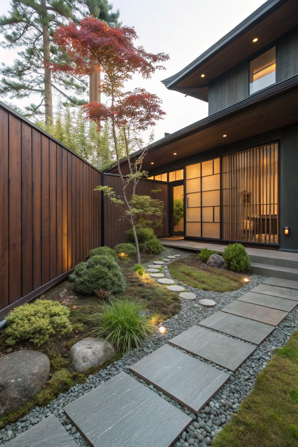 Tall dark wooden vertical slat fence enclosing a small garden with gravel, stone pavers, moss, rocks, shrubs, and a pathway leading to a modern house entry with screens and lanterns.