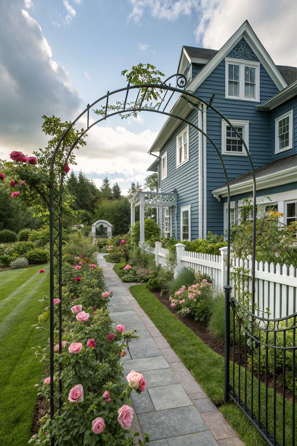 Blue shingle-style house beside a stone garden path lined with pink roses under black wrought iron arches, white picket fence, manicured lawn, and trees in the background.