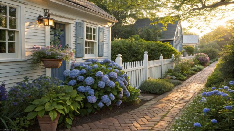 White shingle-style house exterior with large blue hydrangea bushes planted densely along a white picket fence next to a brick pathway, surrounded by other flowers and shrubs in morning sunlight.