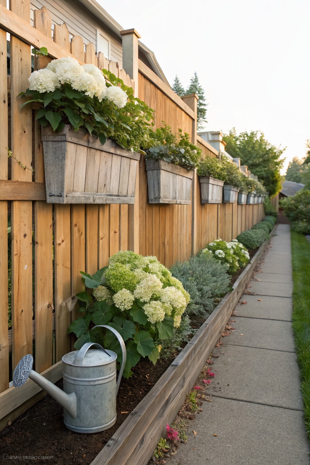 Wooden fence with multiple rustic wooden planters mounted on it overflowing with white hydrangeas, a matching raised garden bed below filled with green plants and more hydrangeas, and a metal watering can next to the bed beside a concrete path.