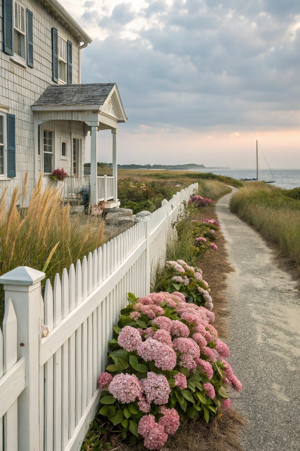 White picket fence lined with large clusters of pink hydrangea bushes along a sandy path leading from a shingled house porch toward the ocean, surrounded by ornamental grasses under a cloudy sky.