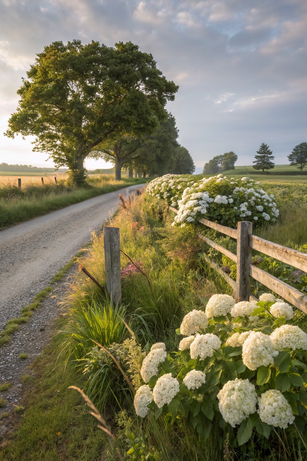 Gravel path bordered by wooden fence densely planted with large white hydrangea bushes, green fields, hedges, and trees under partly cloudy sky.