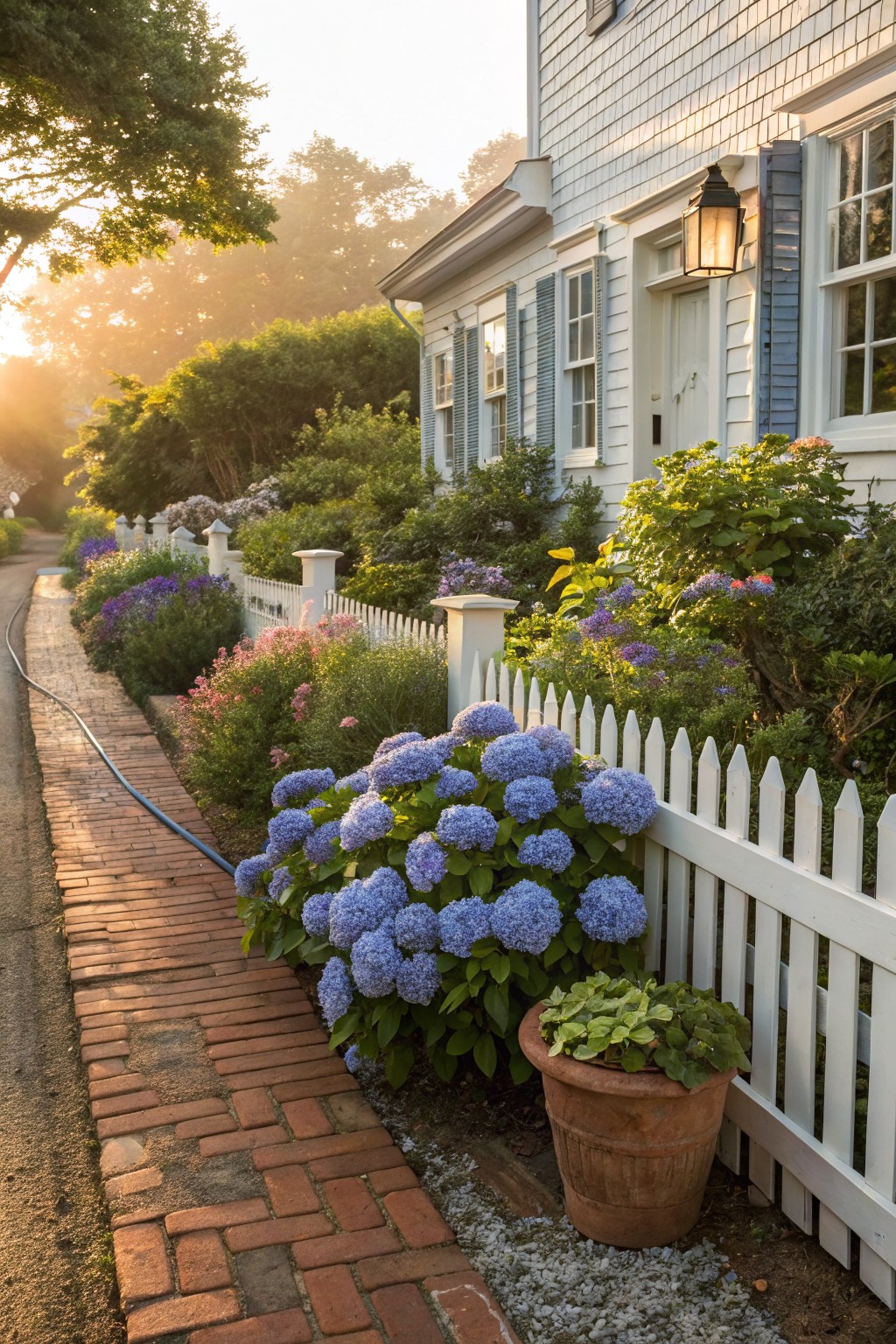 White shingle-style house exterior with large blue hydrangea bushes planted densely along a white picket fence next to a brick pathway, surrounded by other flowers and shrubs in morning sunlight.