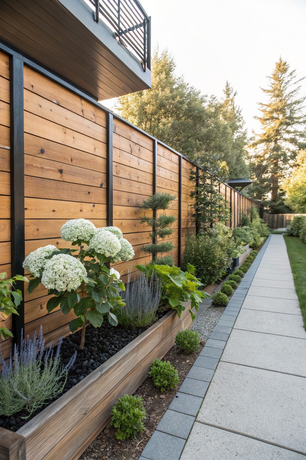 Raised wooden planter with large white hydrangea bushes, lavender, and other plants next to a black metal-framed horizontal cedar fence, bordering a concrete walkway in a garden with trees and a modern balcony overhead.
