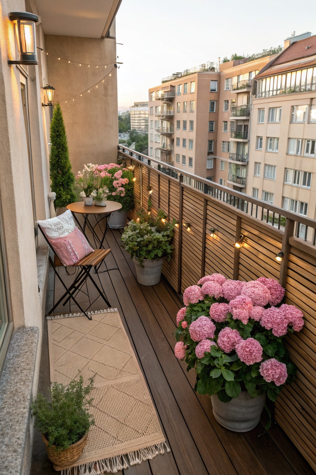 A narrow wooden balcony with large potted pink hydrangea bushes along a slatted fence railing, a small round table with folding chair and pillow, string lights, smaller plants, and beige rug, overlooking apartment buildings at dusk.