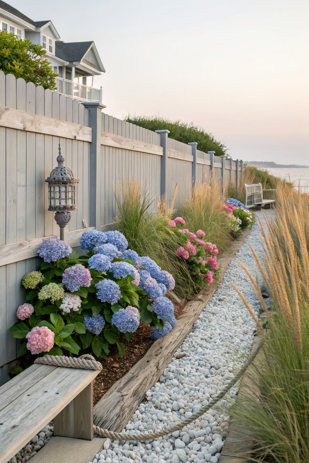 Gray picket fence with massed blooming blue and pink hydrangeas in a linear bed edged by wood and white pebbles, flanked by ornamental grasses, a wooden bench, and rope detail near a beach.