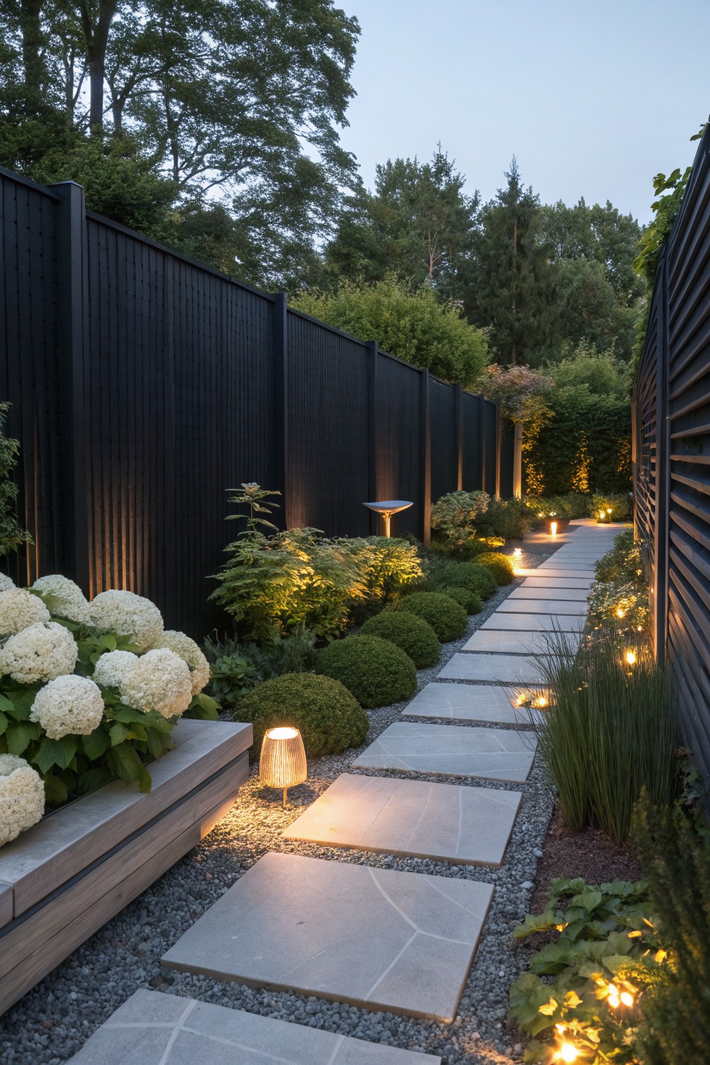 Narrow gravel garden path with irregular gray stone pavers lined by white hydrangea bushes, green ferns, boxwood spheres, and tall black wooden fence, lit by small ground lights and lanterns at dusk