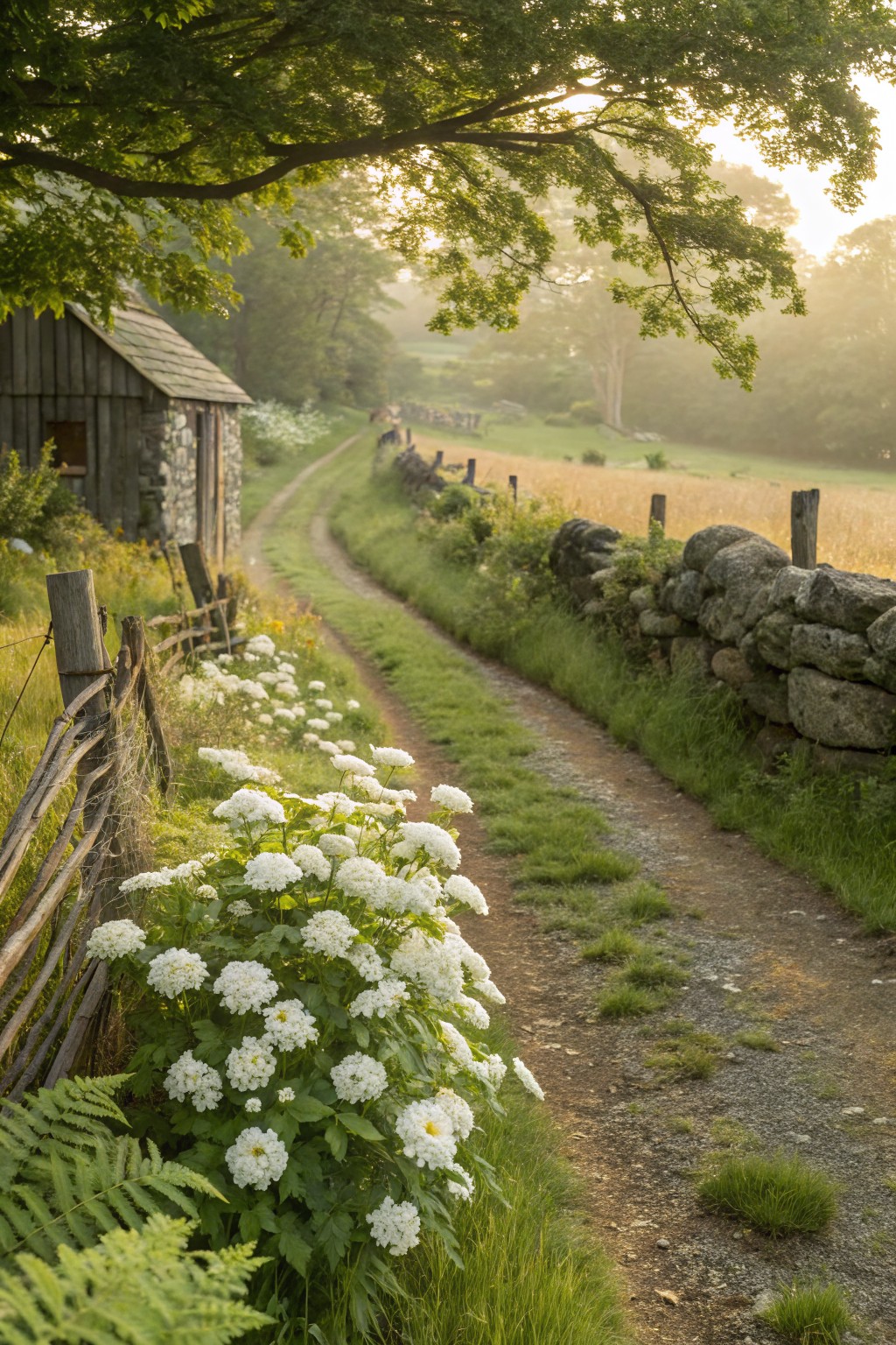 Dirt path bordered by clusters of white hydrangea flowers along a wooden fence and stone wall, with a small wooden shed nearby, green fields, and trees in soft morning light.