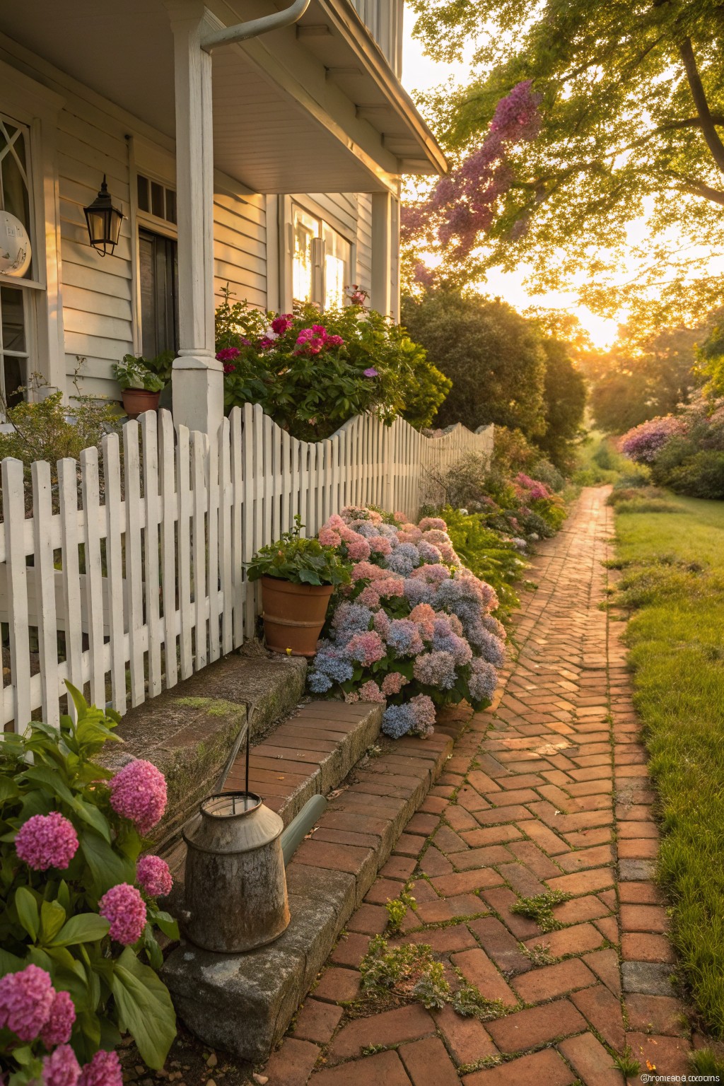 White picket fence edged with clusters of pink and blue hydrangea bushes beside a brick garden path leading from steps of a white clapboard house.