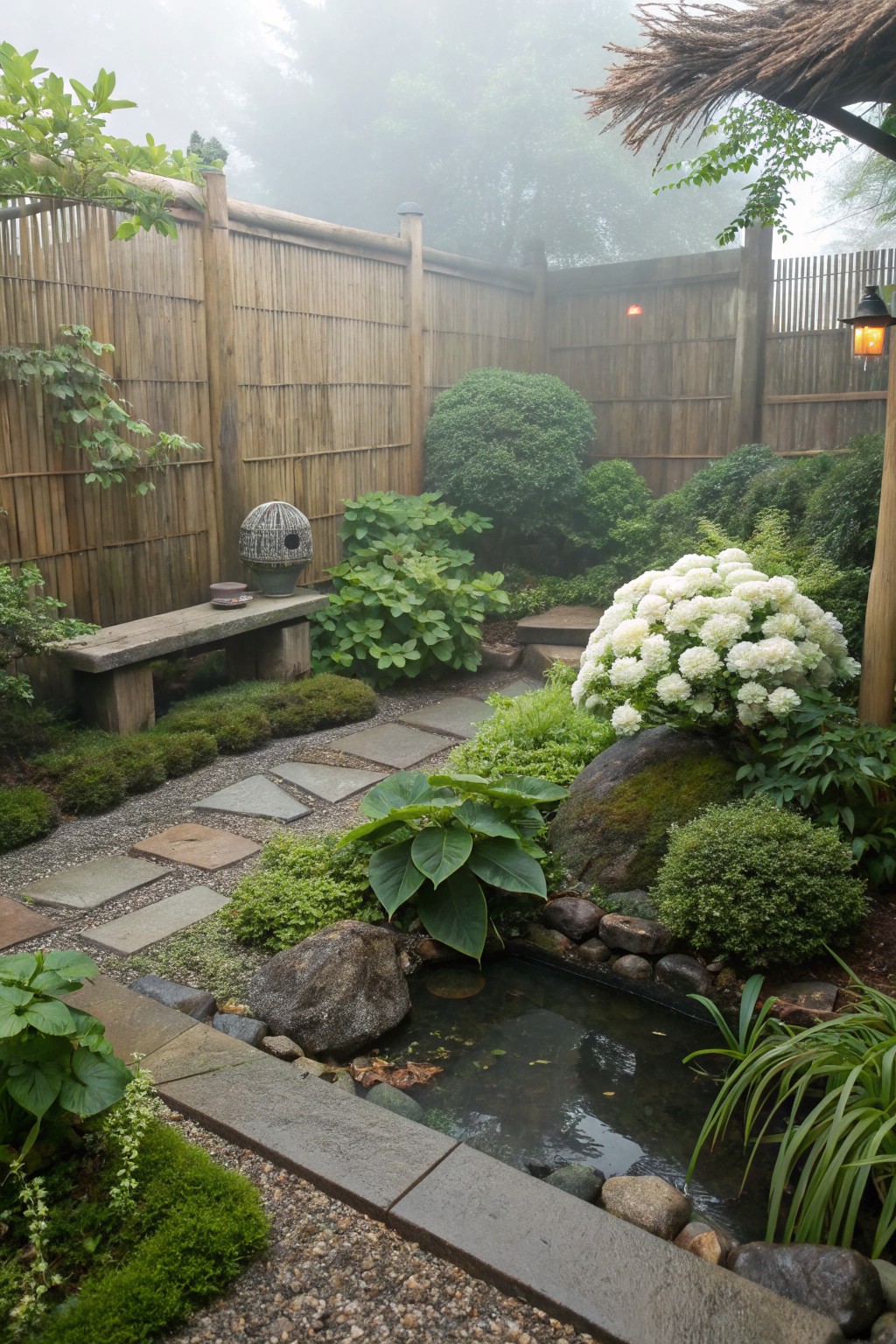 Large Hydrangeas Against Bamboo Fences