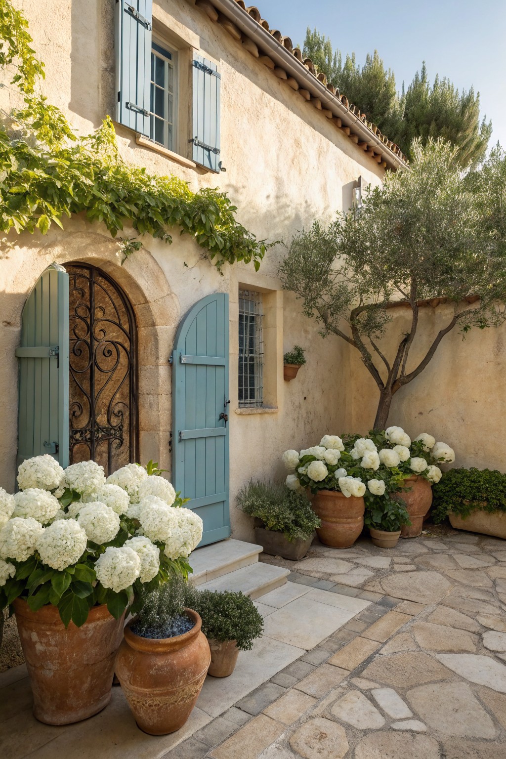 Beige stucco house exterior with arched wrought-iron gate, open blue shutters on a wooden door, large terracotta pots of white hydrangeas flanking the entry steps, an olive tree, climbing vines, and stone paving on a patio.