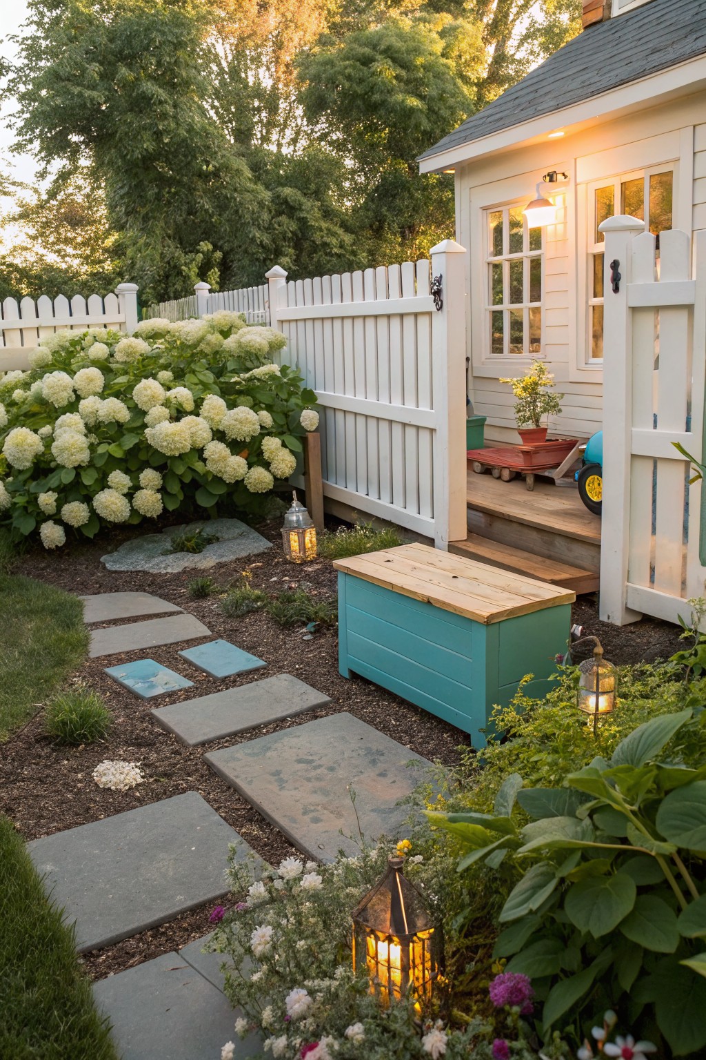 White picket fence enclosing a garden path of slate stepping stones leading to a small white shed, with large white hydrangea bushes planted along the fence, assorted plants, lanterns, and garden toys nearby.